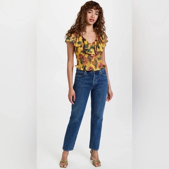 NWT MISA Los Angeles Cara Floral-Print Ruffle Smocked Top in Grand Canary Yellow - Picture 14 of 14